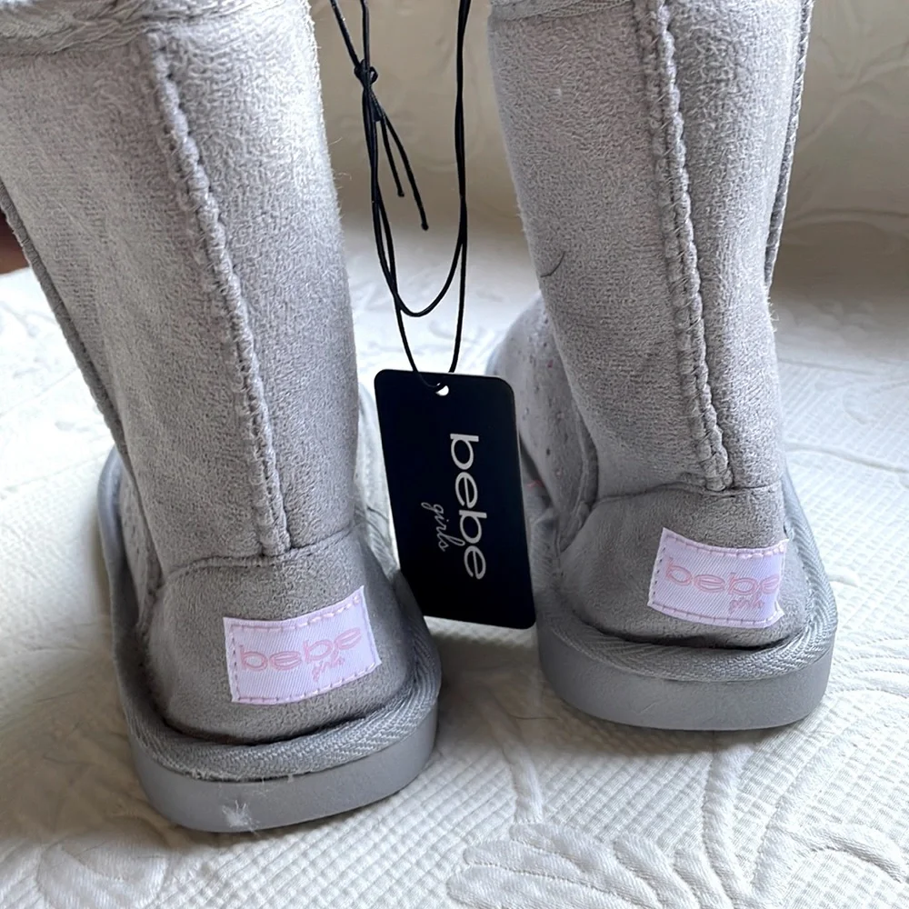 Bebe Rhinestone Logo Faux Fur Gray Microsuede Lined Pull-On Boot